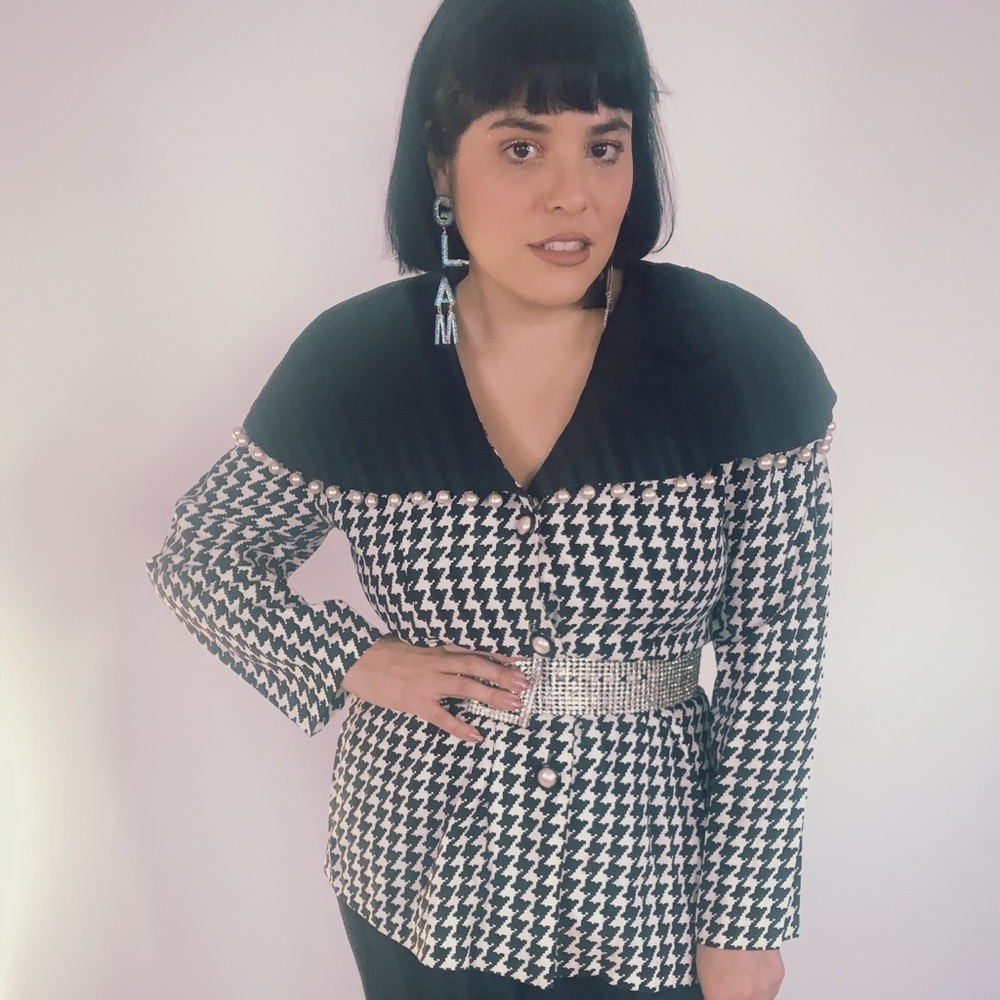 Vintage Houndstooth Pearl Drops Blazer Blouse - Picture 2 of 8